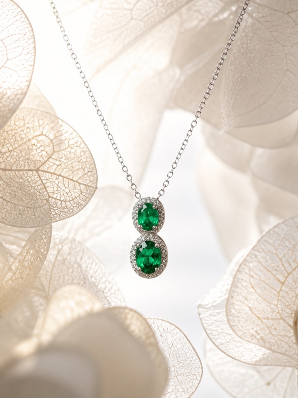 Emerald Green Double Oval Halo Necklace - Silver Evening Glam -